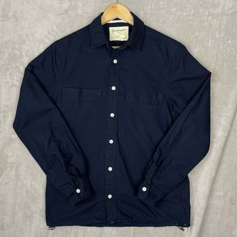 Stradivarius Button Up Shirt Men's Small Shacket Navy Workwear Overshirt Chore